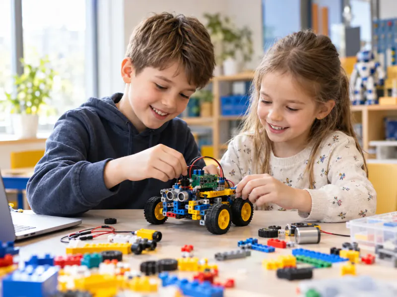 Two kids assembling a wheeled robot with sensors
