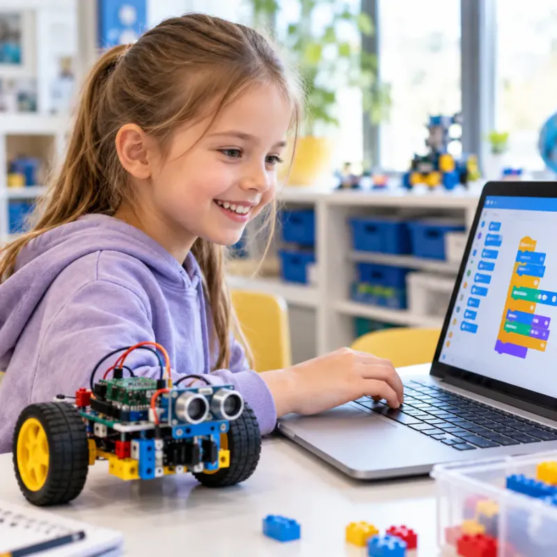 Girl programming her robot with block-based code on a laptop